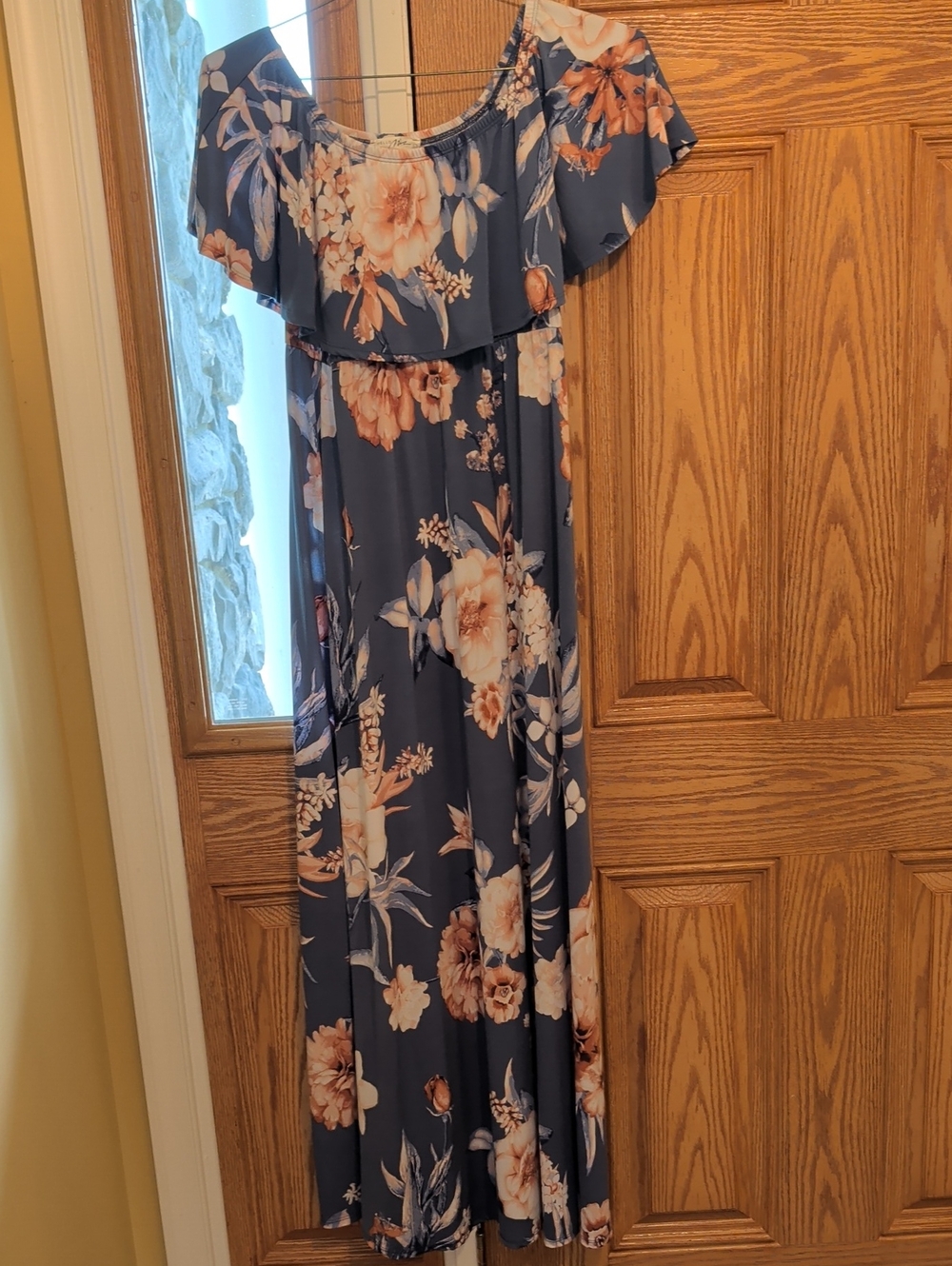 Off-Shoulder Floral Maxi Dress - Slate Blue with Blush Floral